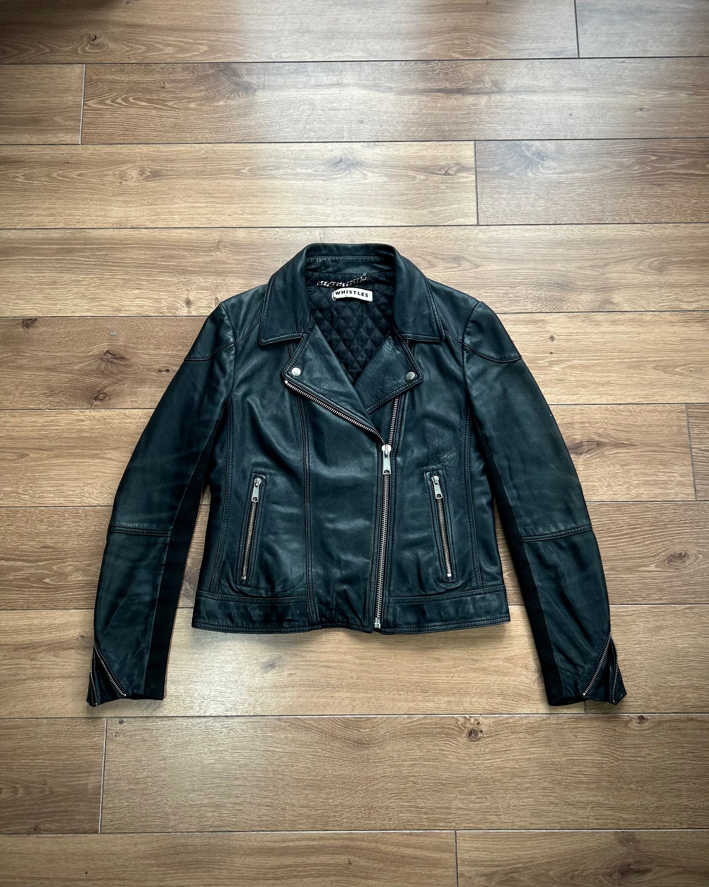 whistles black leather biker jacket (women’s)(M).