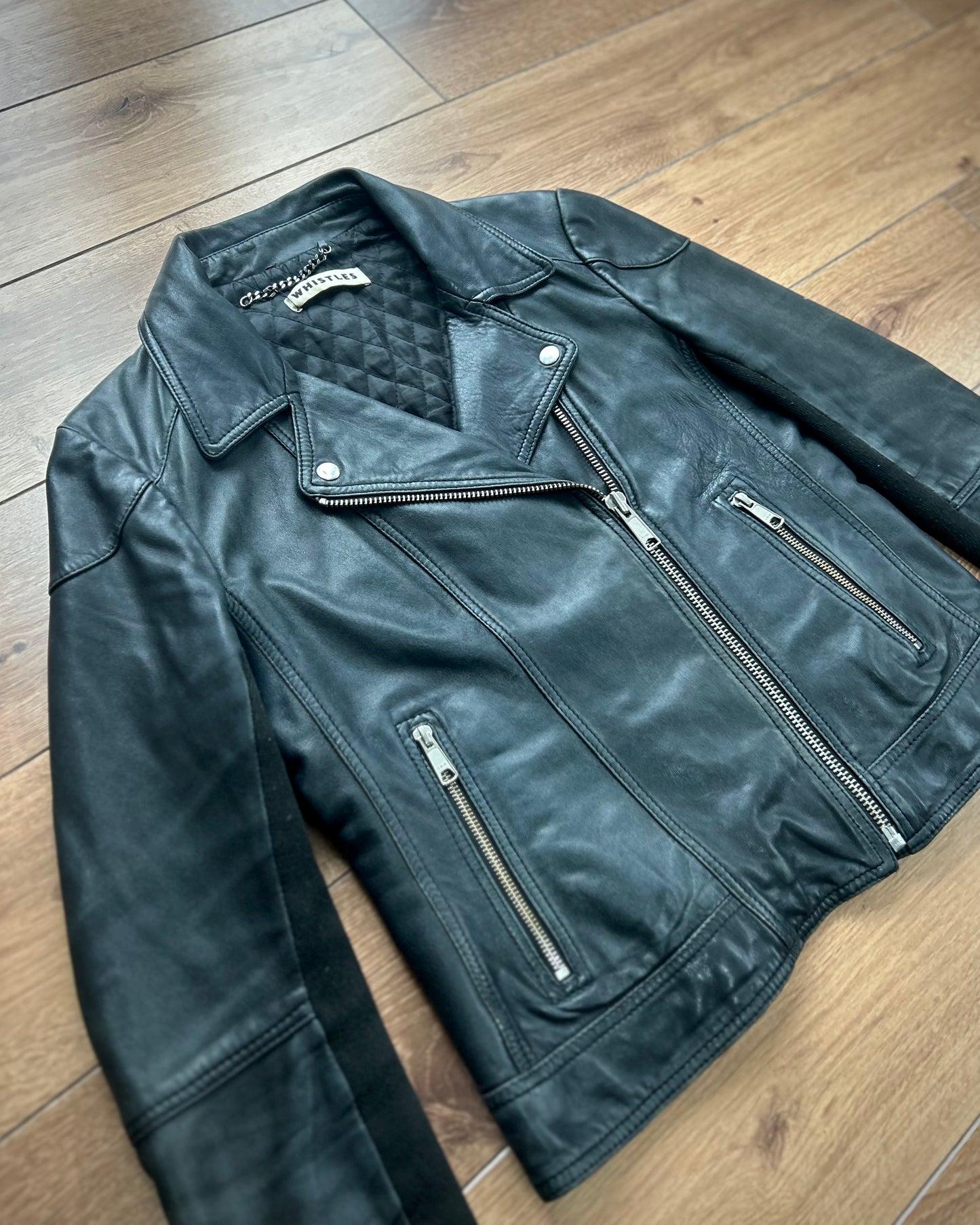 whistles black leather biker jacket (women’s)(M).