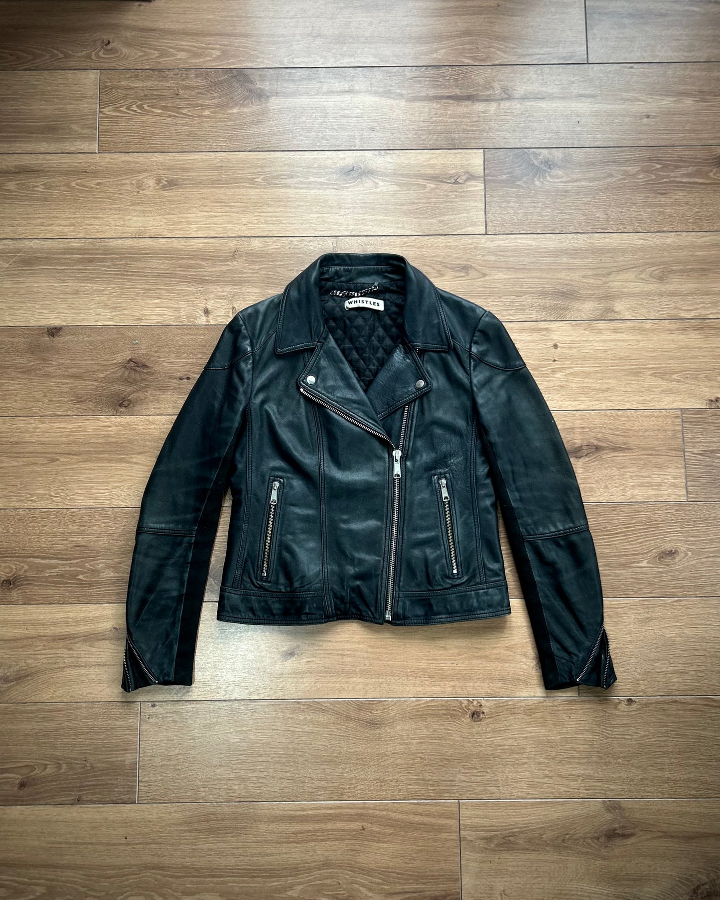 whistles black leather biker jacket (women’s)(M).