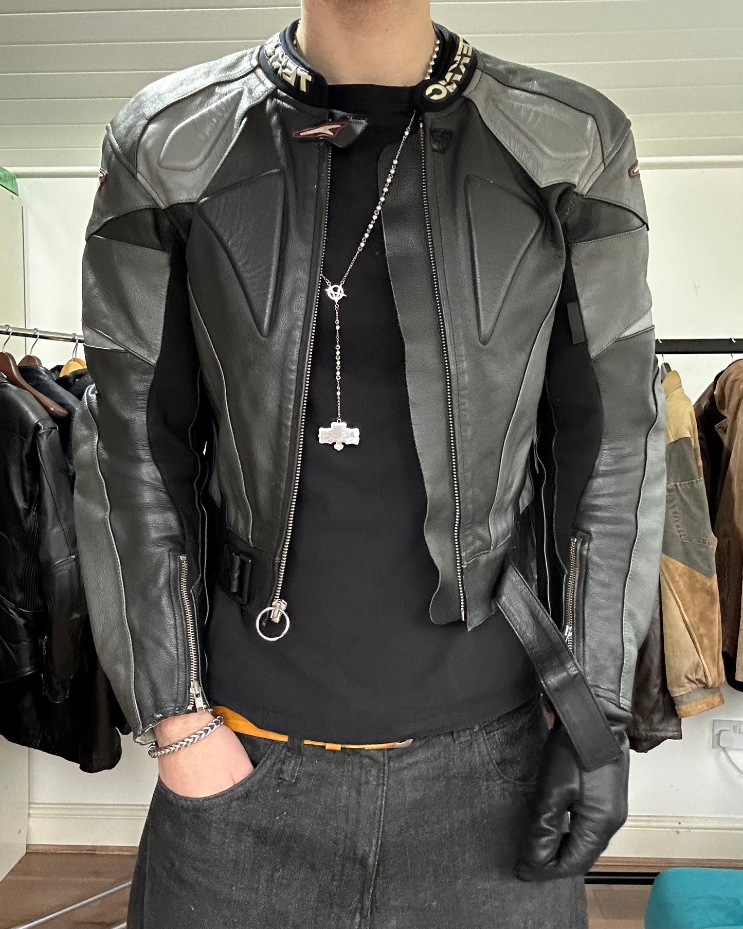 teknic black & grey leather biker jacket (M).