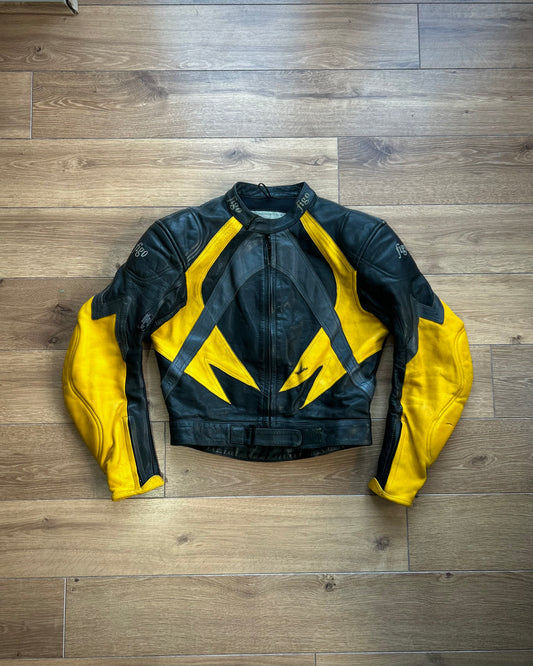 figo uk black & yellow leather padded biker jacket (S).