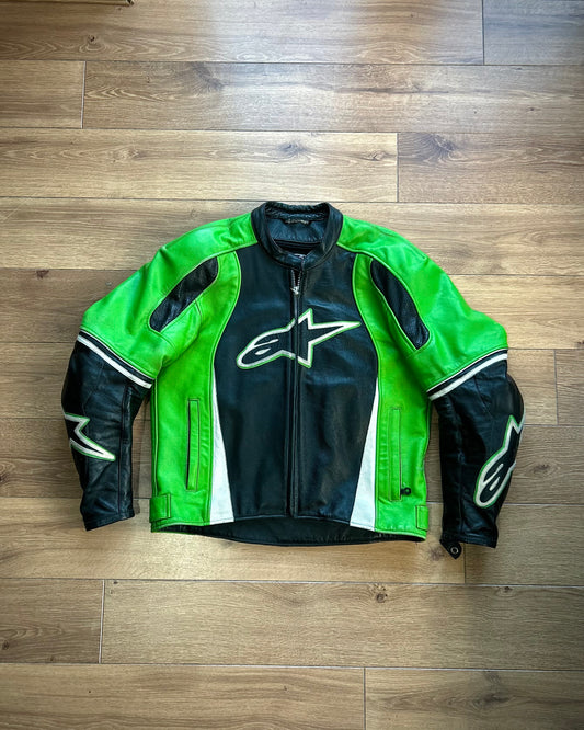 (rare) alpinestars green and black leather biker jacket (L).