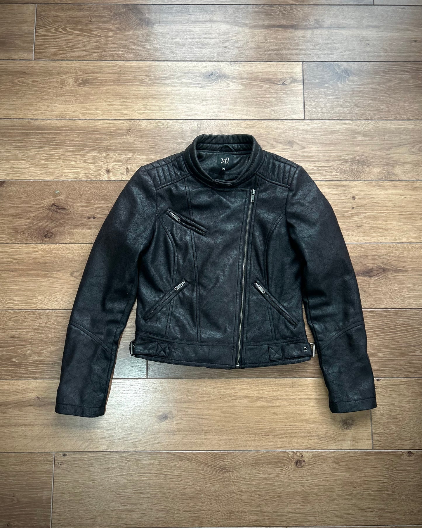 yfl black women’s moto/cafe racer jacket (S).