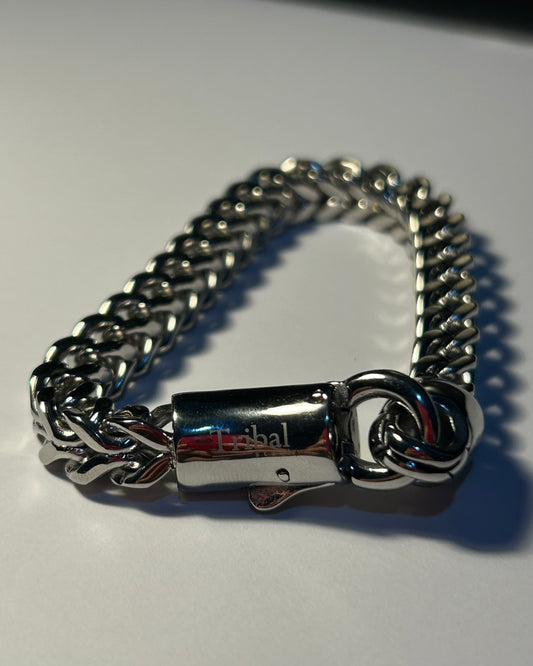 Heavy Stainless Steel Square Wheat-Link Curb Bracelet.