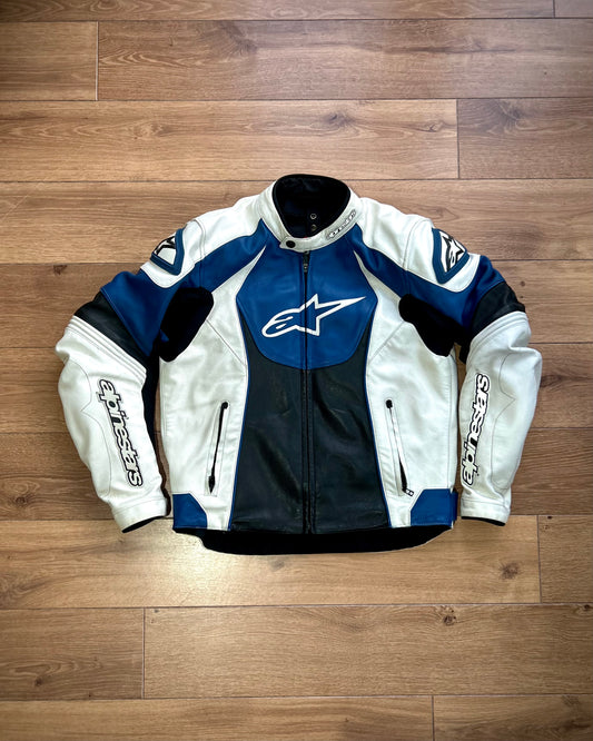 alpinestars white, blue & black padded leather biker jacket (M).