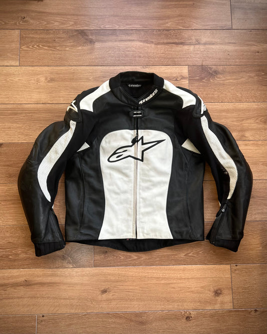 alpinestars white & black padded leather biker jacket (M).