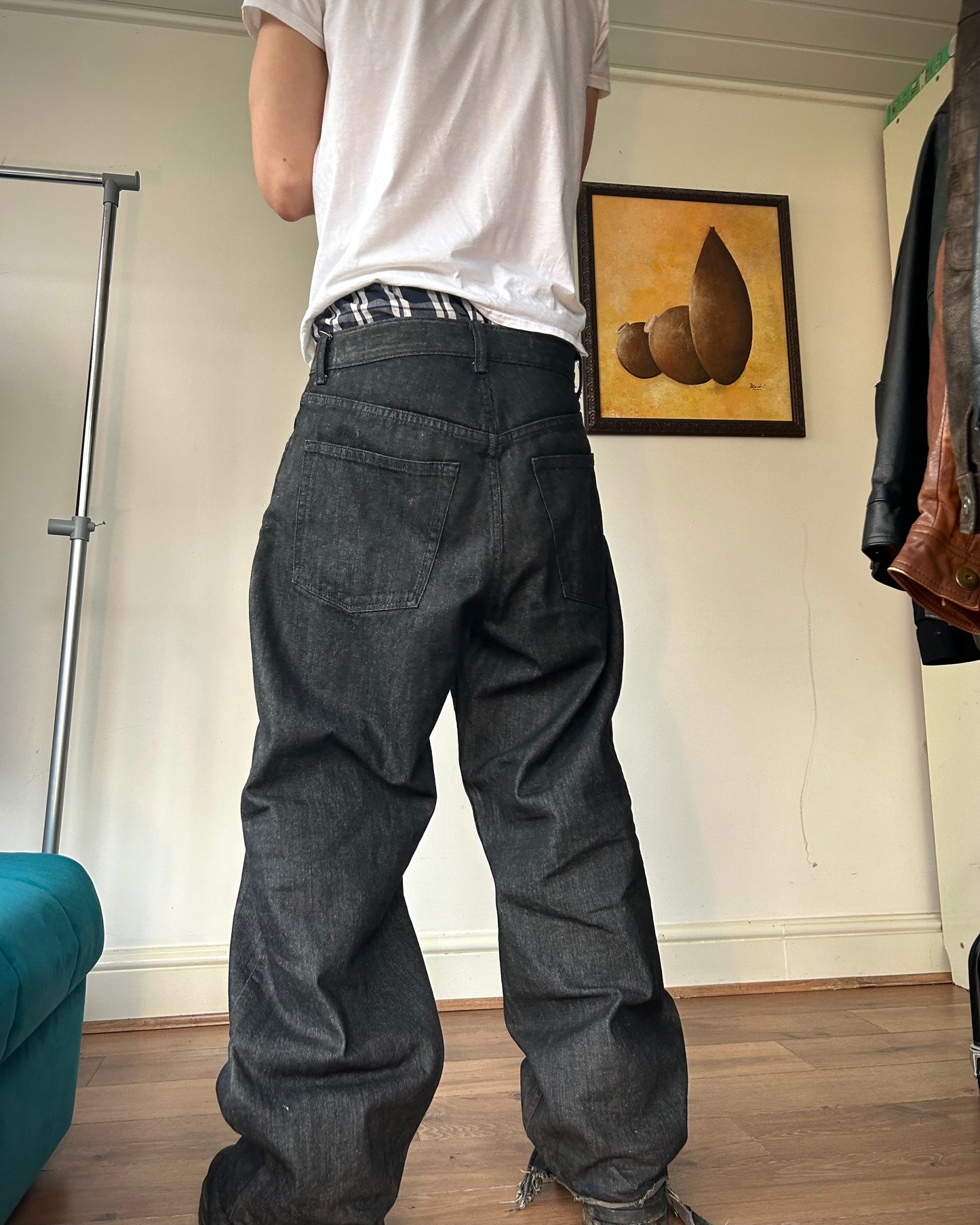 ridelucci wide leg black waxed denim jeans.